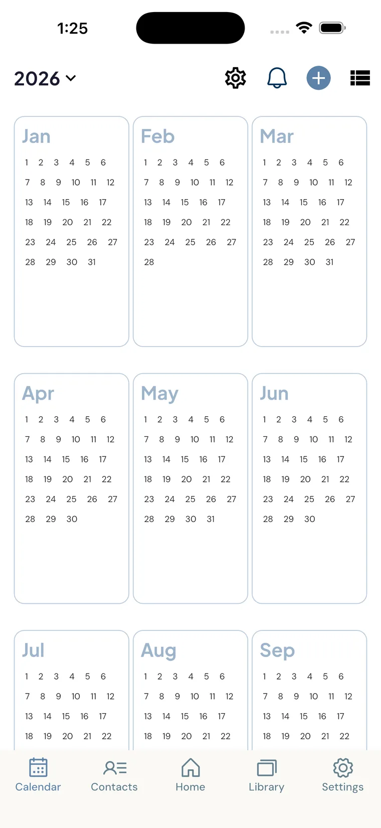A whole year at a glance, month by month.