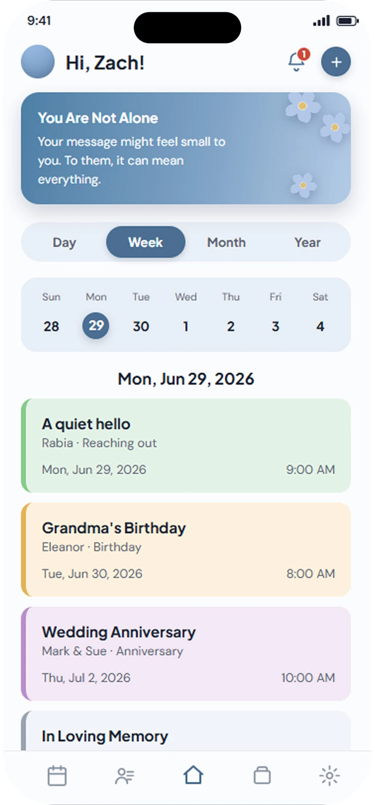 The Forget Me Not home screen, showing the week ahead.