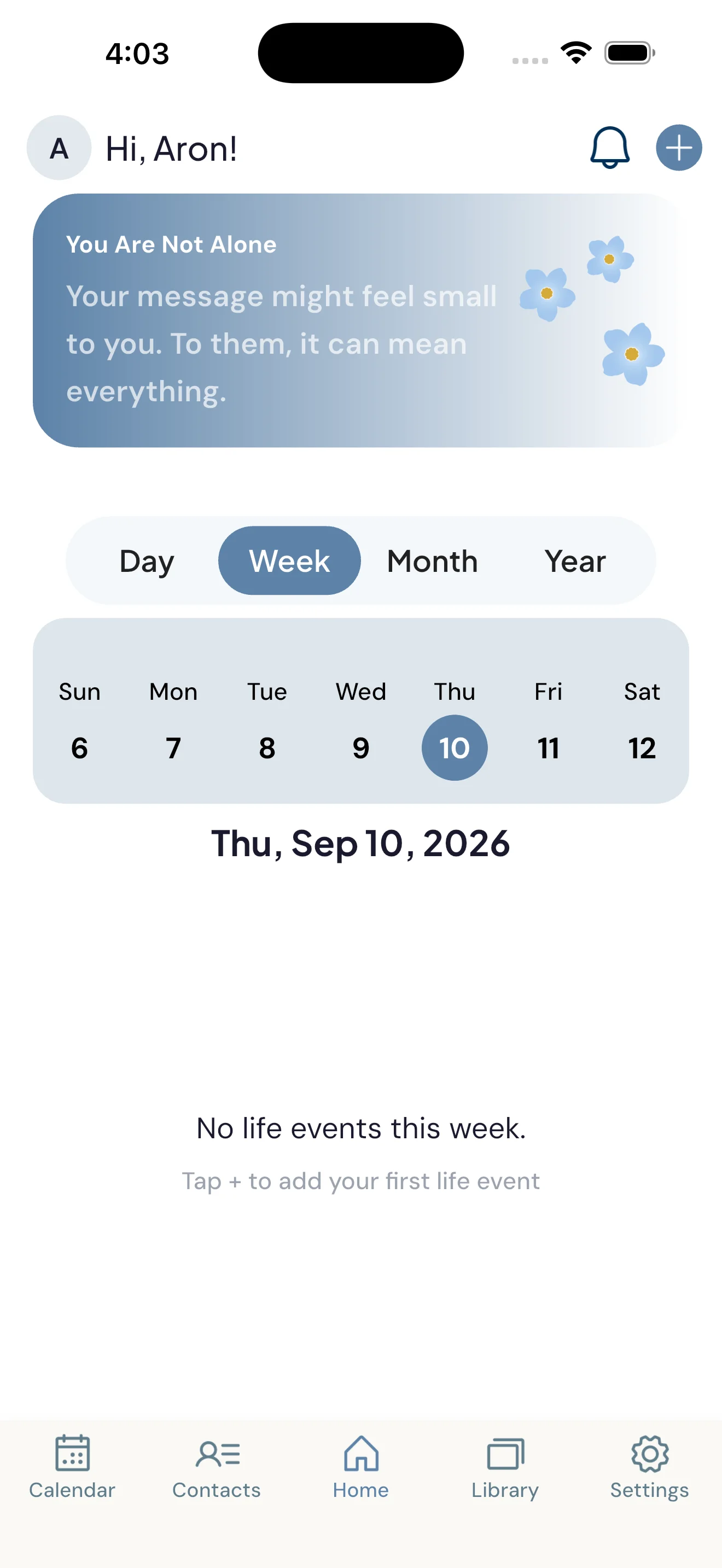 The Forget Me Not home screen, showing the week ahead.