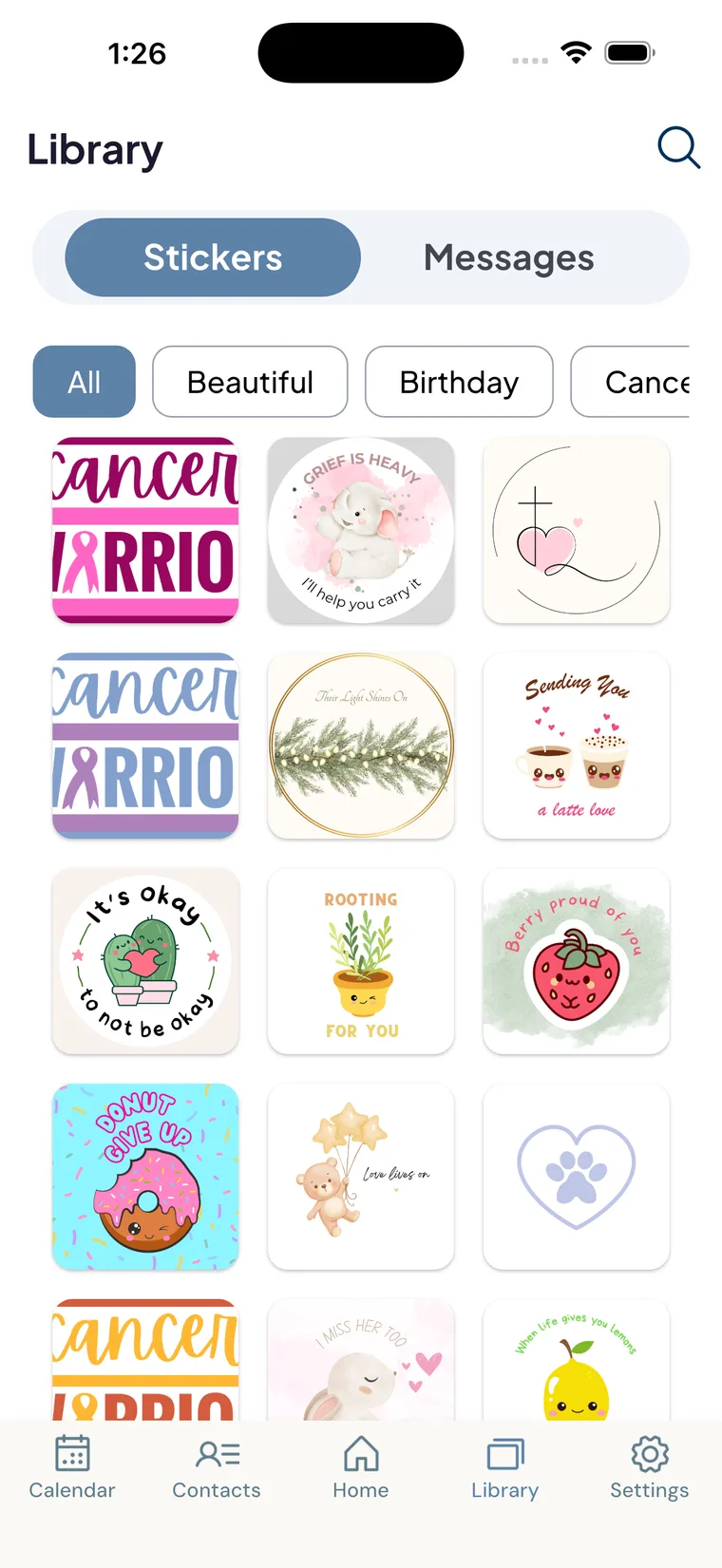 The sticker library — a way to reach out without needing words.